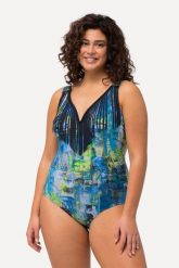 Damski Kostium kąpielowy frędzle dekolt w serce miękkie miseczki. Niebieskie kostiumy jednoczęściowe damskie Ulla Popken, plus size, bez wzorów, z elastanu, plus size, do pływania. Za 191.99 zł.