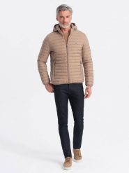 Męska kurtka pikowana pakowana w worek - brązowa V4 OM-JALP-0156 - XXL. Brązowe kurtki męskie Ombre Clothing, l, bez wzorów, z materiału. W wyprzedaży za 159.99 zł.