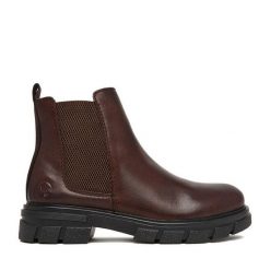 Botki Rieker. Brązowe botki damskie Rieker, bez obcasa, na płaskiej podeszwie, bez zapięcia. Za 419.99 zł.