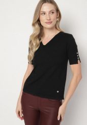 Czarna Sweterkowa Bluzka z Dekoltem w Serek Fenidea. Czarne bluzki damskie Born2be, l, bez wzorów, z jeansu, eleganckie, bez kołnierzyka, bez ramiączek. Za 49.99 zł.