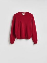 Wełniany sweter - czerwony. Czerwone swetry damskie Reserved, l, bez wzorów, z wełny, bez kołnierzyka, bez ramiączek, bez kaptura. Za 199.99 zł.