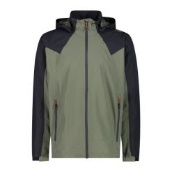 Wodoodporna kurtka z kapturem zapinanym na zamek błyskawiczny CMP. Zielone kurtki sportowe męskie CMP, l, bez wzorów, trekkingowe. Za 404.55 zł.