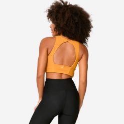Stanik sportowy Decathlon crop top. Brązowe bluzy sportowe damskie Decathlon, l, bez wzorów, bez kaptura, na jogę i pilates. W wyprzedaży za 59.99 zł.