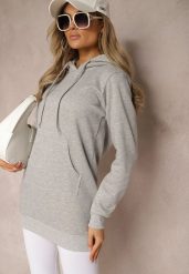 Jasnoszara Bluza z Dodatkiem Bawełny Ozdobiona Sznurkami z Kapturem Mivasia. Szare bluzy damskie Renee, l, bez wzorów, z bawełny, z kapturem. Za 49.99 zł.