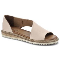 Sandały damskie Artiker, wykonane ze skóry naturalnej licowej z odkrytym przodem szerokimi paskami po bokach i przeszyciem wokół podeszwy, jasnoróżow. Czerwone sandały damskie Artiker, bez wzorów, ze skóry, bez obcasa, na platformie, bez zapięcia. Za 219.00 zł.