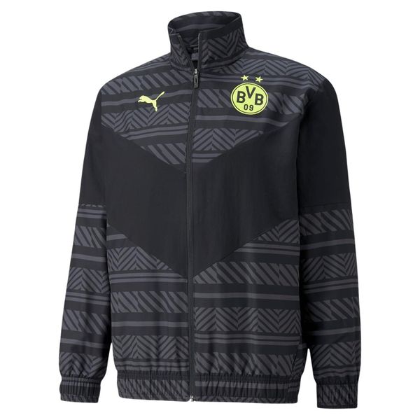 Kurtka Borussia Dortmund Prematch 2021/22. Czarne kurtki męskie Puma, m, bez wzorów, z materiału, do piłki nożnej. Za 151.55 zł.