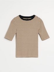 Bawełniana koszulka w paski - kremowy. Białe t-shirty damskie Sinsay, l, bez wzorów, z bawełny, bez kołnierzyka. Za 25.99 zł.