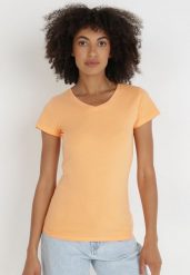 Pomarańczowy T-shirt Coraerena. Brązowe bluzki damskie Born2be, l, bez wzorów, z bawełny, sportowe, bez kołnierzyka, bez ramiączek. Za 29.99 zł.