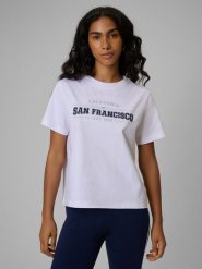 4F T-shirt boxy z nadrukiem damski - biały XS. Białe t-shirty damskie 4f, uniwersalny, bez wzorów, z jeansu, bez kołnierzyka. Za 69.99 zł.
