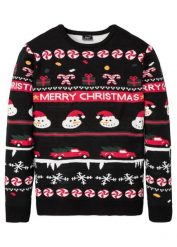 Sweter z bożonarodzeniowym motywem. Czarne swetry przez głowę męskie bonprix, l, bez wzorów, bez kołnierzyka. Za 129.99 zł.