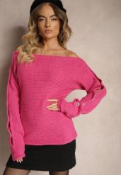 Fuksjowy Elegancki Sweter z Dekoltem w Łódkę Zdobiony Guzikami i Wycięciami na Rękawach Dorida. Czerwone swetry damskie Renee, m, z aplikacjami, z jeansu, casualowe, bez kołnierzyka, bez ramiączek, długie, bez kaptura. Za 99.99 zł.