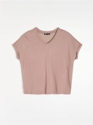 Koszulka z dekoltem V i wiskozą - brązowy. Brązowe t-shirty damskie Sinsay, l, bez wzorów, z wiskozy, bez kołnierzyka. Za 25.99 zł.