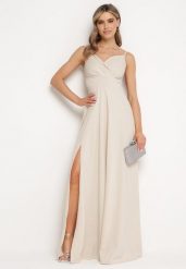 Beżowa Rozkloszowana Klasyczna Sukienka z Kopertowym Dekoltem na Cienkich Ramiączkach z Rozcięciem Vinelia. Brązowe sukienki damskie Born2be, na wesele, l, bez wzorów, eleganckie, bez kołnierzyka, dla wysokich, bez ramiączek, maxi, kopertowe. Za 149.99 zł.