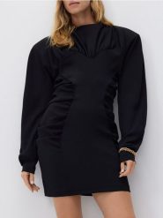 Sukienka mini z drapowaniem - czarny. Czarne sukienki damskie Reserved, l, bez wzorów, z tkaniny, bez kołnierzyka, bez ramiączek, mini, dopasowane. Za 229.99 zł.