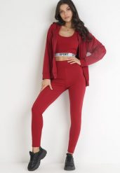Czerwony 3-częściowy Komplet Top Bluza z Kapturem i Legginsy z Gumką w Pasie Ophilline. Czerwone bluzy damskie Born2be, m, bez wzorów, z tkaniny, krótkie, na fitness i siłownię. Za 49.99 zł.