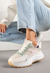 Beżowo-Zielone Sneakersy Ozdobione Metalicznym Zdobieniem Worsemi. Brązowe obuwie sportowe damskie Renee, z aplikacjami, z jeansu. Za 129.99 zł.