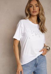 Biały Bawełniany T-shirt Zdobiony Haftowanym Napisem z Cekinami Ulionis. Białe bluzki damskie Renee, m, z aplikacjami, z bawełny, eleganckie, bez kołnierzyka. Za 39.99 zł.