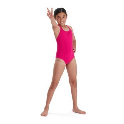 Strój pływacki jednoczęściowy dziecięcy Speedo Eco Endurance+ Medalist. Czerwone stroje kąpielowe dla dziewczynek Speedo, bez wzorów, z materiału. Za 69.99 zł.