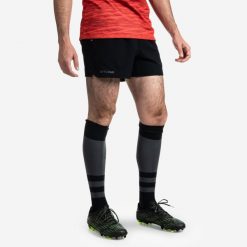 Spodenki do rugby R500 męskie. Czarne koszulki sportowe męskie OFFLOAD, l, bez wzorów, z elastanu. Za 69.99 zł.