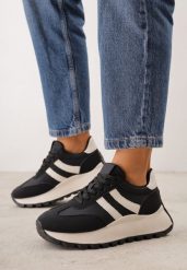 Czarne Sneakersy na Grubej Podeszwie z Ozdobnymi Paskami Diki. Czarne obuwie sportowe damskie Born2be, bez wzorów, z dresówki. Za 129.99 zł.