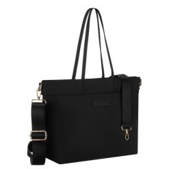 Czarna, duża shopperka damska z nylonu, mieszcząca format A4 i zamykana klipsem magnetycznym Peterson PTN JN-10. Czarne torby na ramię damskie Peterson, bez wzorów, z nylonu, duże, bez dodatków. Za 119.99 zł.