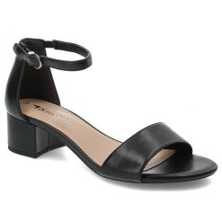 Czarne Sandały Tamaris Eleganckie Obuwie Damskie Na Obcasie. Czarne klapki damskie Tamaris, bez wzorów, z materiału, bez obcasa, na obcasie, bez zapięcia. Za 239.00 zł.