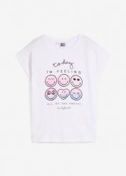 T-shirt z buźką, z czystej bawełny. Białe t-shirty i topy dla dziewczynek bonprix, bez wzorów, z bawełny, bez ramiączek. Za 64.99 zł.