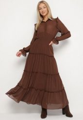 Brązowa Rozkloszowana Sukienka VICES Koszulowa w Stylu Retro Aravite. Brązowe sukienki damskie Born2be, na co dzień, l, bez wzorów, eleganckie, bez kołnierzyka, bez ramiączek, maxi, koszulowe. Za 149.99 zł.