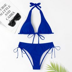 Bikini wiązane na szyję do plażowania Trien. Niebieskie bikini damskie Intica, na lato, uniwersalny, bez wzorów. W wyprzedaży za 129.00 zł.