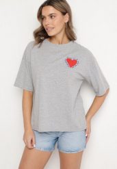 Szary Bawełniany T-shirt z Motywem Serca Liorlie. Szare bluzki damskie Born2be, bez wzorów, z bawełny, klasyczne, bez kołnierzyka. Za 74.99 zł.