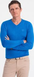 Ombre Elegancki sweter męski z dekoltem w serek - niebieski V19 OM-SWBS-0107 XL. Niebieskie bluzy męskie Ombre, m, bez wzorów, bez kołnierzyka. Za 119.99 zł.