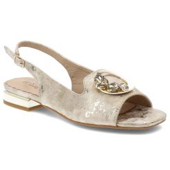 Sandały damskie S.Barski, cholewka ze skóry ekologicznej z metalicznym efektem ozdobna aplikacja z kamieniami i odkryty przód, złote, KV61-6024. Żółte klapki damskie S.BARSKI, z aplikacjami, ze skóry ekologicznej, eleganckie, bez obcasa. Za 129.00 zł.