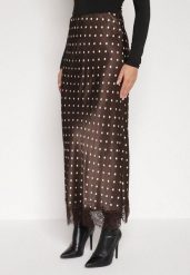 Brązowa Wiskozowa Spódnica z Wysokim Stanem w Kropki z Koronką Monivesa. Brązowe spódnice damskie Born2be, uniwersalny, bez wzorów, z koronki, eleganckie, z podwyższonym stanem, maxi, koszulowe. Za 139.99 zł.