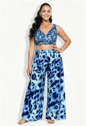Damskie Spodnie palazzo zwierzęcy wzór szeroka nogawka elastyczny pas. Niebieskie spodnie materiałowe damskie Ulla Popken, plus size, bez wzorów, z materiału. Za 191.99 zł.