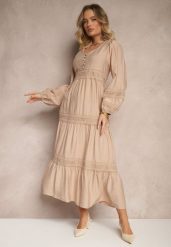 Ciemnobeżowa Rozkloszowana Sukienka z Wiskozy Zdobiona Koronkowymi Wstawkami Gonolen. Brązowe sukienki damskie Renee, na co dzień, l, z aplikacjami, z koronki, eleganckie, bez kołnierzyka, bez ramiączek, maxi, rozkloszowane. Za 119.99 zł.