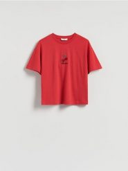T-shirt z aplikacją - czerwony. Czerwone t-shirty damskie Reserved, l, z aplikacjami, z bawełny, klasyczne, bez kołnierzyka. Za 69.99 zł.