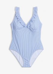 Lekko modelujący kostium kąpielowy z falbankami. Niebieskie kostiumy jednoczęściowe damskie bonprix, bez wzorów. Za 149.99 zł.