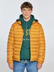 Kurtka męska pikowana z kapturem żółta Acarf 202. Żółte płaszcze męskie Big Star, l, z aplikacjami, z jeansu, retro, z kapturem. Za 359.99 zł.