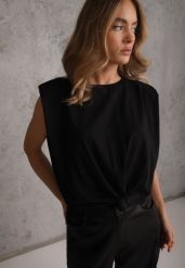 Czarny Wiązany Top Oversize z Bawełny Bez Rękawów z Poduszkami w Ramionach Othrassa. Czarne koszule damskie Renee, bez wzorów, z bawełny, bez kołnierzyka, bez ramiączek. Za 69.99 zł.