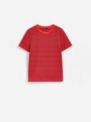 T-shirt z bawełny merceryzowanej - mahoniowy. Brązowe t-shirty damskie Reserved, l, bez wzorów, z bawełny, bez kołnierzyka. Za 79.99 zł.