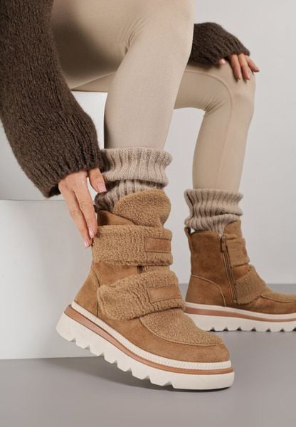 Brązowe Botki Śniegowce na Grubej Podeszwie Ozdobione Szerokimi Rzepami Amerria. Brązowe śniegowce i trapery damskie Born2be, z jeansu. Za 149.99 zł.