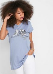 Długi shirt z nadrukiem. Niebieskie t-shirty damskie bonprix, bez wzorów, bez kołnierzyka. Za 54.99 zł.