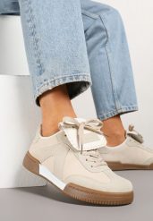 Beżowe Sneakersy w Stylu Tenisówek z Szerokim Językiem Alarila. Brązowe obuwie sportowe damskie Renee, z aplikacjami, tenisowe. Za 79.99 zł.