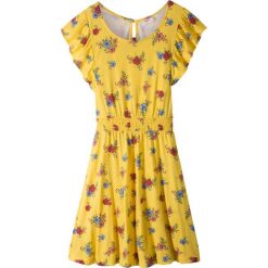 Lekka sukienka letnia bonprix żółty kanarkowy z nadrukiem. Żółte sukienki dla dziewczynek bonprix, na lato, bez wzorów, bez ramiączek, krótkie. Za 44.99 zł.
