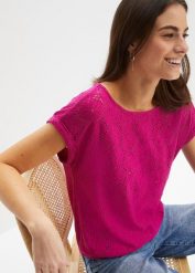 T-shirt z ażurowym haftem. Białe bluzki damskie bonprix, w ażurowe wzory, bez kołnierzyka. Za 79.99 zł.
