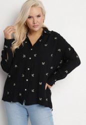 Czarna Koszula Bawełniana w Hafty Liście Tleffia. Czarne bluzki damskie Born2be, xl, bez wzorów, z bawełny, eleganckie, bez kołnierzyka, bez ramiączek. Za 54.99 zł.
