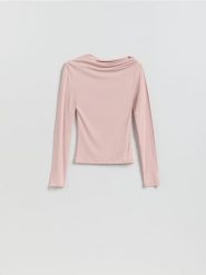 Bluzka z ozdobnym marszczeniem - pastelowy róż. Czerwone bluzki damskie Reserved, l, bez wzorów, z dzianiny, bez kołnierzyka, bez ramiączek. Za 79.99 zł.