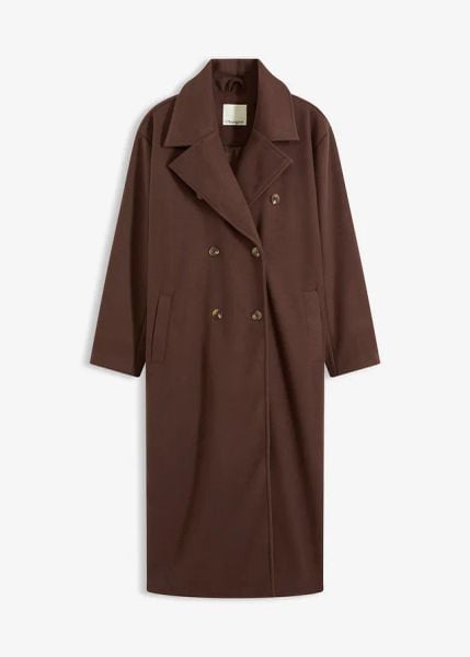 Płaszcz oversize z imitacji wełny. Brązowe kurtki damskie bonprix, bez wzorów, z wełny, długie, bez kaptura. Za 379.99 zł.