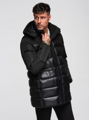 Kurtka pikowana męska z wysokim kołnierzem i kapturem – czarna V1 - Rozmiar: XL. Czarne kurtki męskie Ombre Clothing, na zimę, m, bez wzorów, z materiału, biznesowe. Za 539.99 zł.