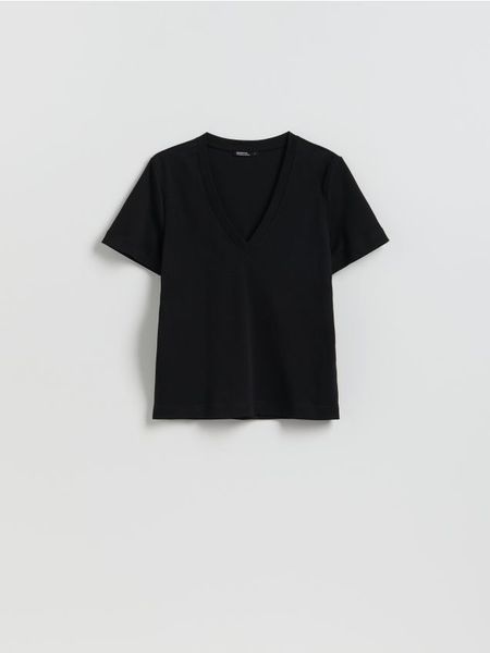 T-shirt z bawełny merceryzowanej - czarny. Czarne t-shirty damskie Reserved, l, bez wzorów, z bawełny, bez kołnierzyka. Za 79.99 zł.